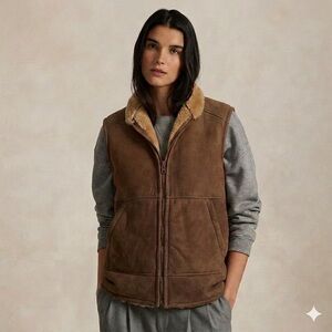 VTG Oversized Shearling Vest Brown Suede Sheepskin